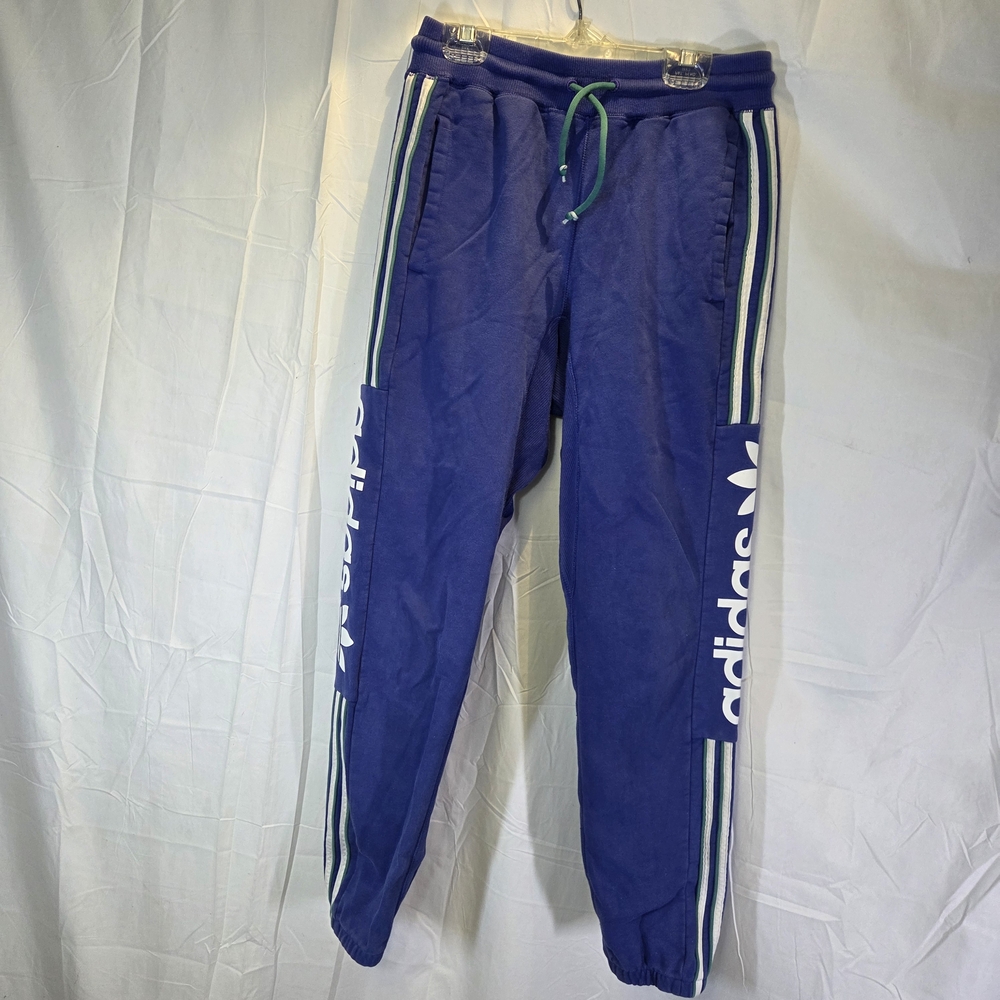 Adidas Purple Blue Track Sweat Pants with White and Teal Stripes, Pockets Sz Sml